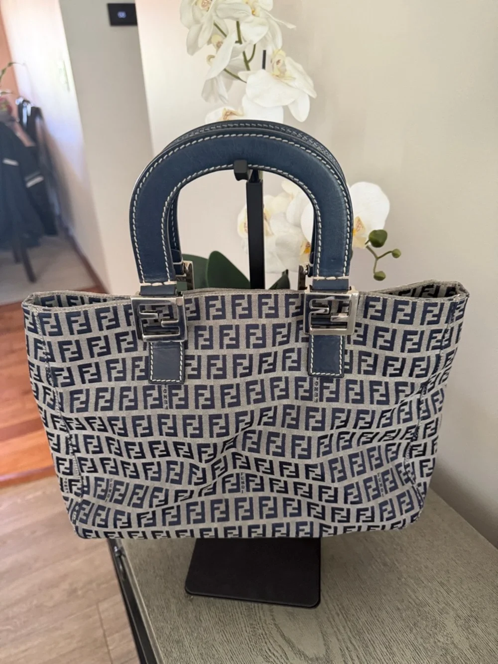 Fendi Zucca Logo Tote in Navy and Beige Canvas